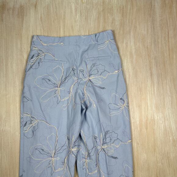 Zara Blue Floral Embroidered High Waist Elegant Chic Linen Blend Pants Medium - Picture 11 of 13